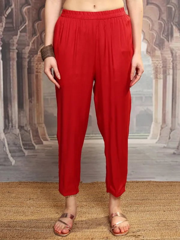 Vishudh Women Red Embroidered Kurta With Trousers And Dupatta