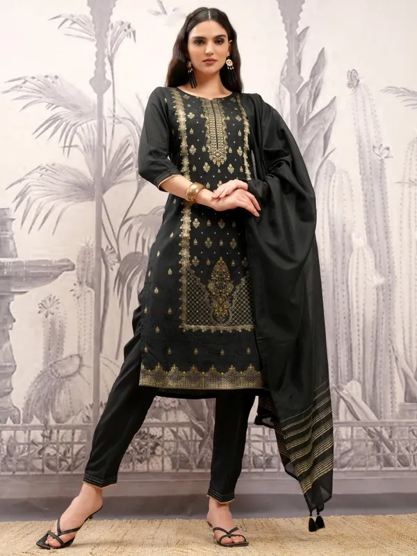 Vishudh Women Black Embroidered Kurta With Trousers And Dupatta