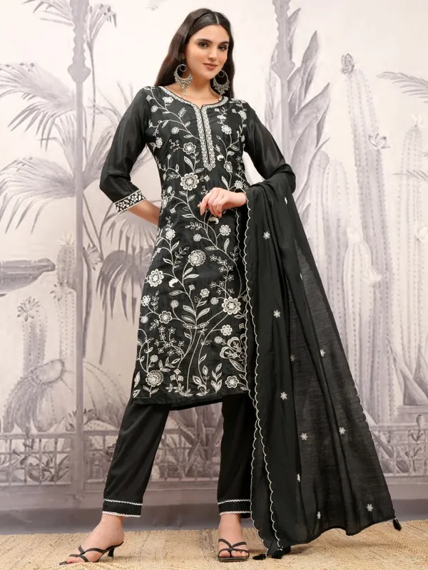 Vishudh Women Black Embroidered Kurta With Trousers And Dupatta