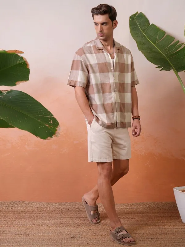 Locomotive Premium Men Rust Dobby Textured Cuban Collar Oversized Shirt