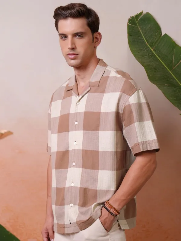 Locomotive Premium Men Rust Dobby Textured Cuban Collar Oversized Shirt