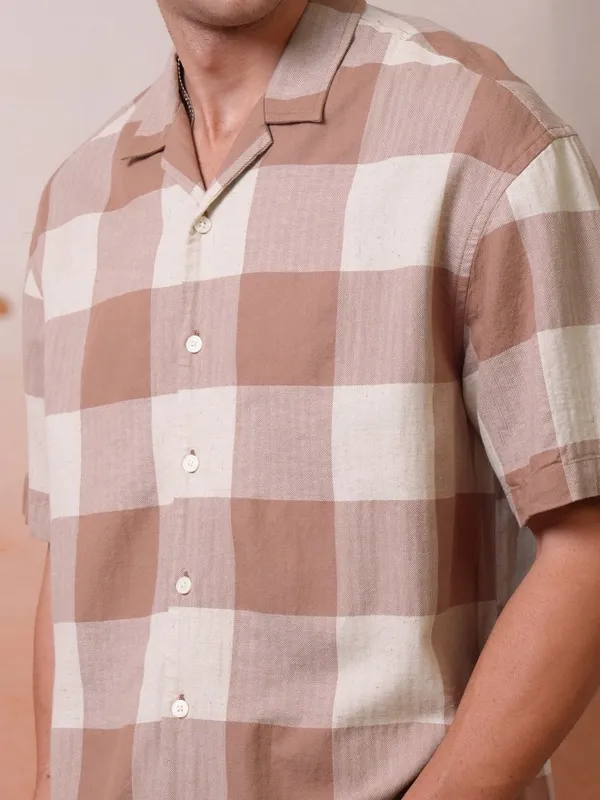 Locomotive Premium Men Rust Dobby Textured Cuban Collar Oversized Shirt