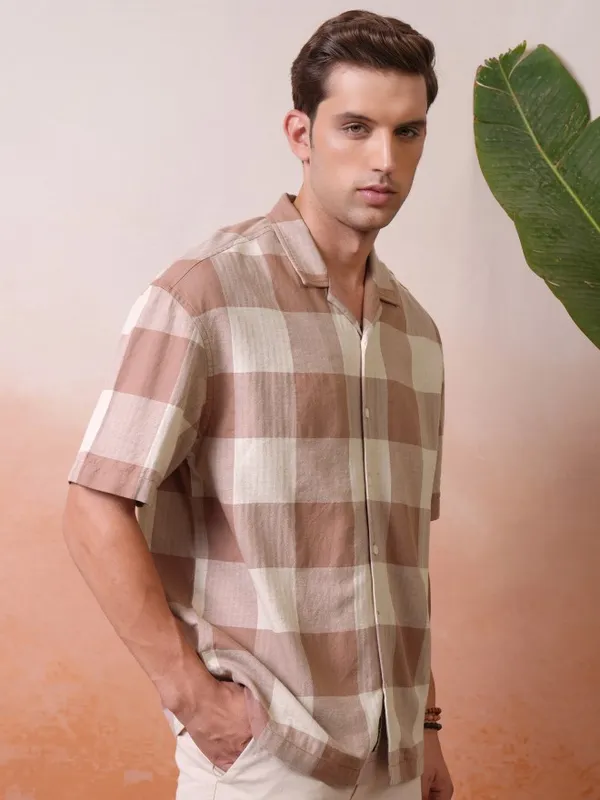 Locomotive Premium Men Rust Dobby Textured Cuban Collar Oversized Shirt