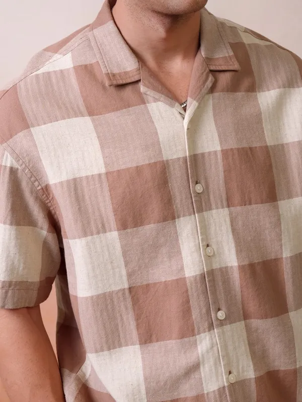 Locomotive Premium Men Rust Dobby Textured Cuban Collar Oversized Shirt