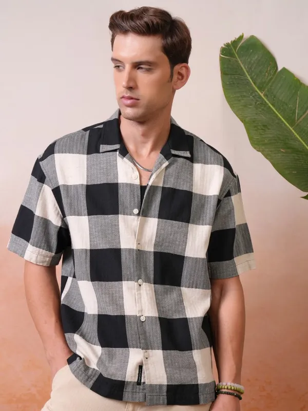 Locomotive Premium Men Black Dobby Textured Cuban Collar Oversized Shirt
