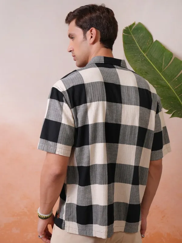 Locomotive Premium Men Black Dobby Textured Cuban Collar Oversized Shirt