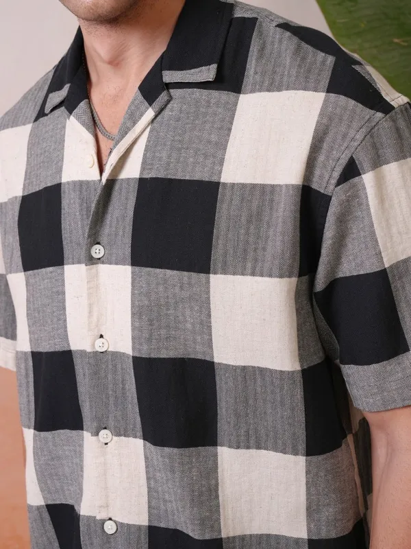 Locomotive Premium Men Black Dobby Textured Cuban Collar Oversized Shirt