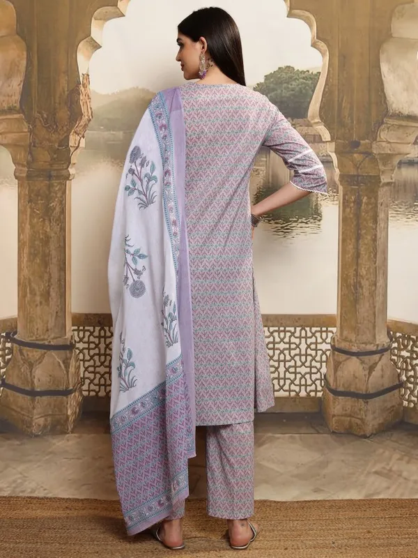 Vishudh Women Lavender Printed Kurta With Trousers And Dupatta