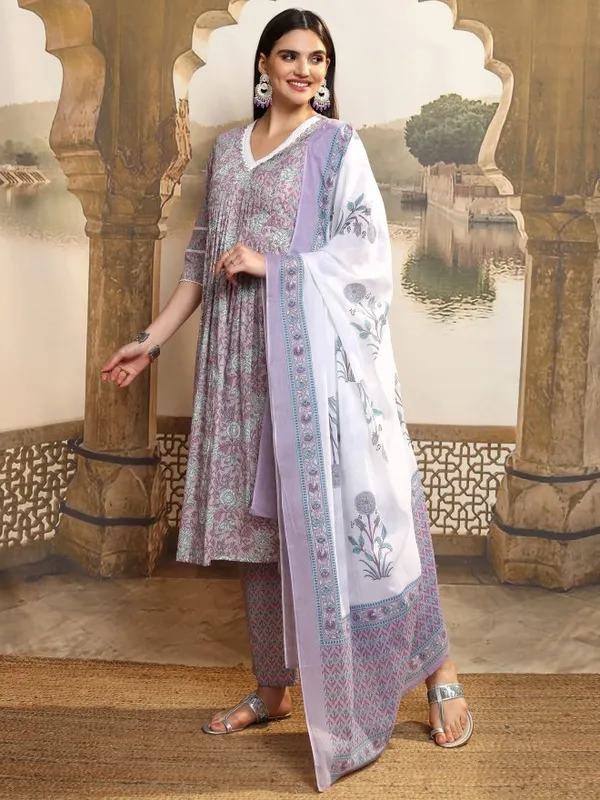 Vishudh Women Lavender Printed Kurta With Trousers And Dupatta