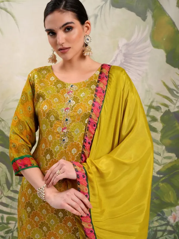 Vishudh Women Mustard Embroidered Kurta With Trouser And Dupatta