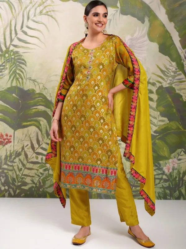 Vishudh Women Mustard Embroidered Kurta With Trouser And Dupatta