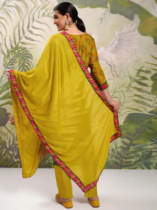 Vishudh Women Mustard Embroidered Kurta With Trouser And Dupatta