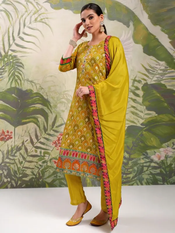 Vishudh Women Mustard Embroidered Kurta With Trouser And Dupatta