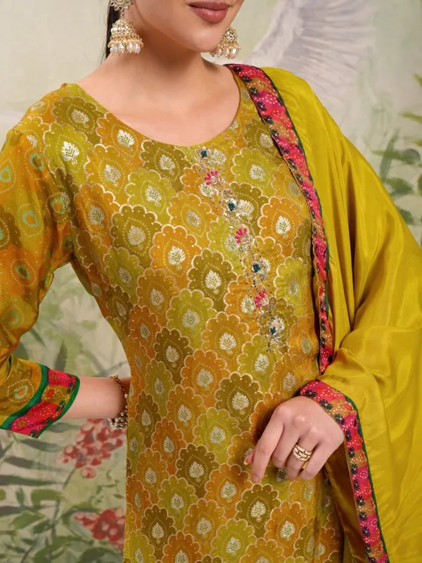 Vishudh Women Mustard Embroidered Kurta With Trouser And Dupatta