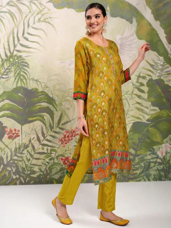 Vishudh Women Mustard Embroidered Kurta With Trouser And Dupatta