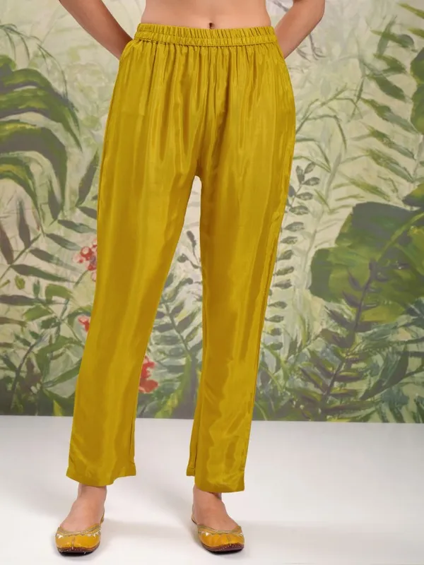 Vishudh Women Mustard Embroidered Kurta With Trouser And Dupatta