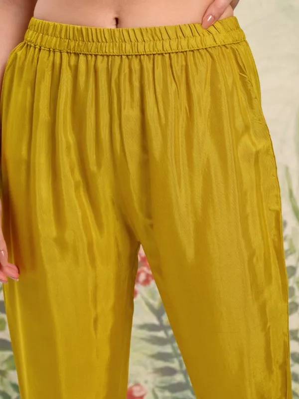 Vishudh Women Mustard Embroidered Kurta With Trouser And Dupatta