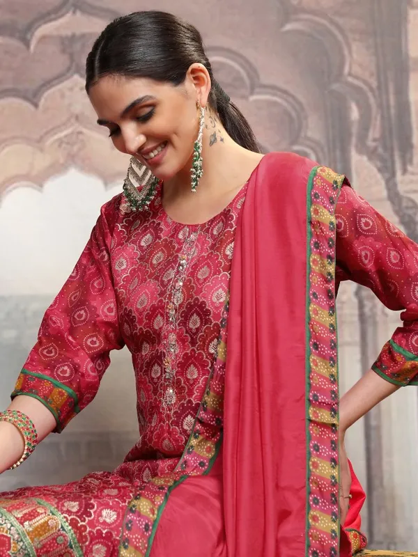 Vishudh Women Red Embroidered Kurta With Trouser And Dupatta