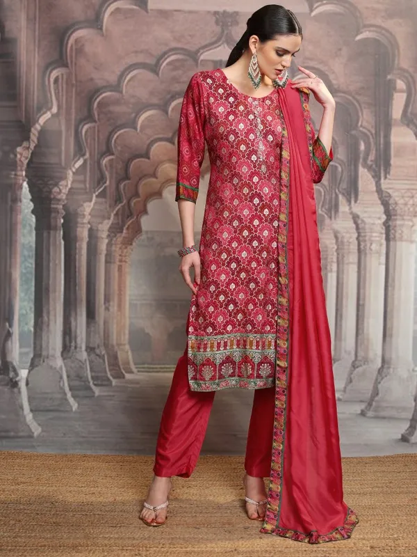Vishudh Women Red Embroidered Kurta With Trouser And Dupatta