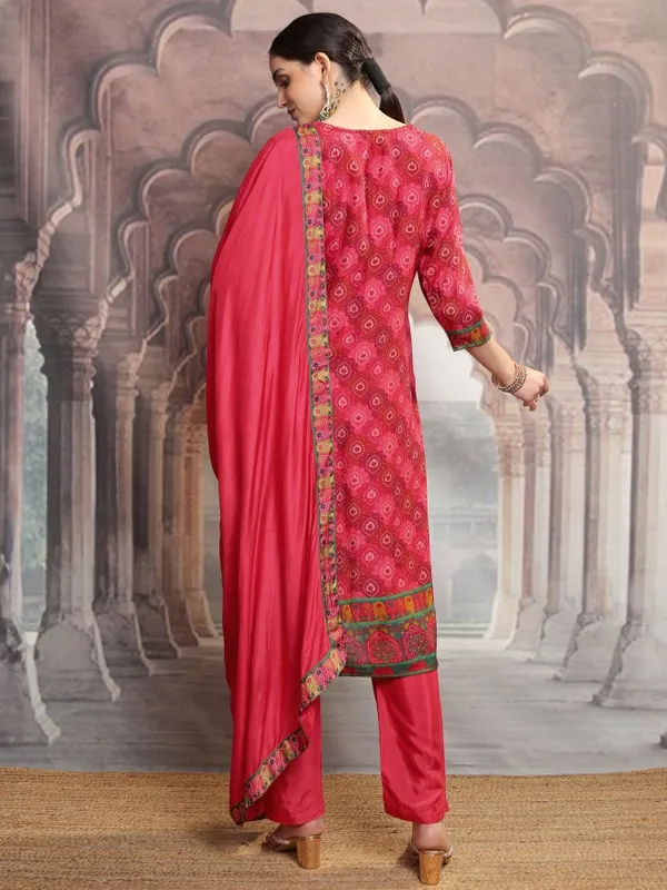 Vishudh Women Red Embroidered Kurta With Trouser And Dupatta