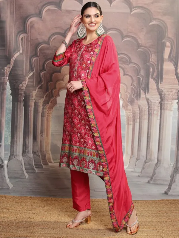 Vishudh Women Red Embroidered Kurta With Trouser And Dupatta