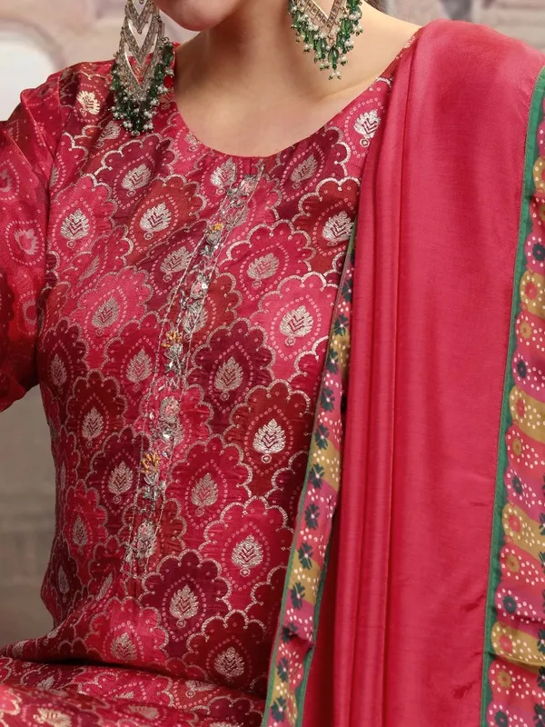 Vishudh Women Red Embroidered Kurta With Trouser And Dupatta