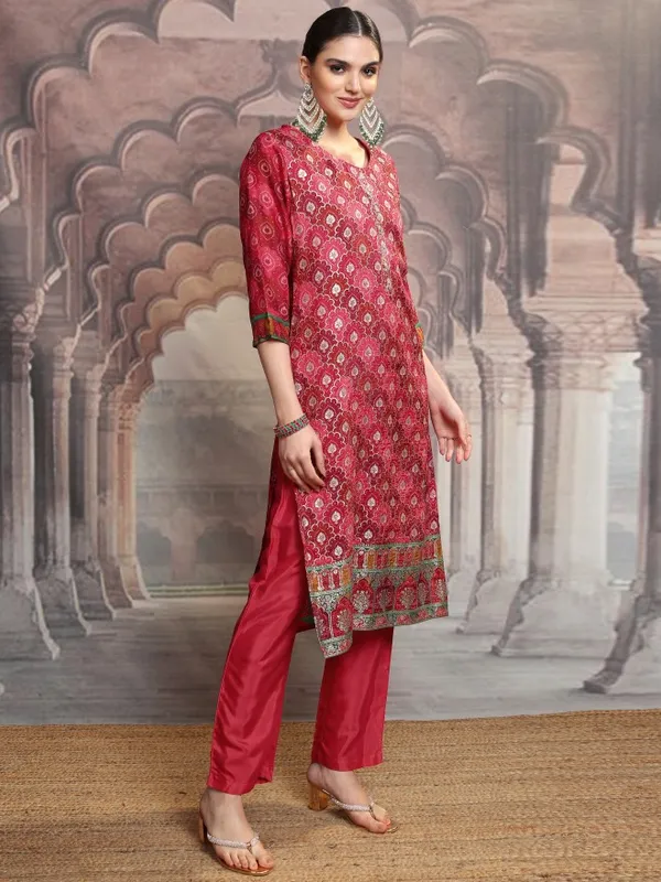 Vishudh Women Red Embroidered Kurta With Trouser And Dupatta