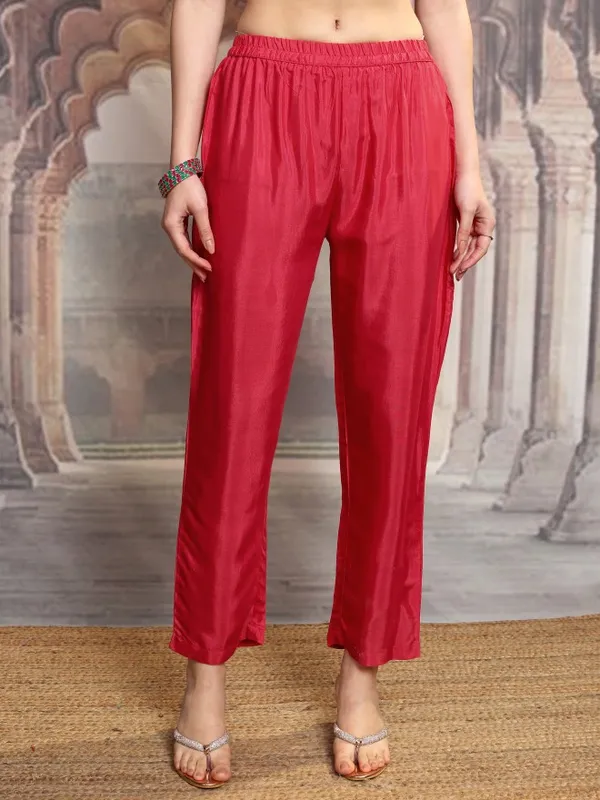 Vishudh Women Red Embroidered Kurta With Trouser And Dupatta