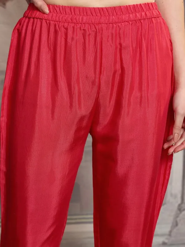 Vishudh Women Red Embroidered Kurta With Trouser And Dupatta