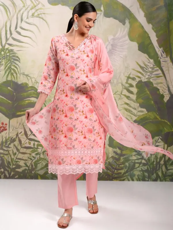 Vishudh Women Pink Printed Kurta With Trouser And Dupatta