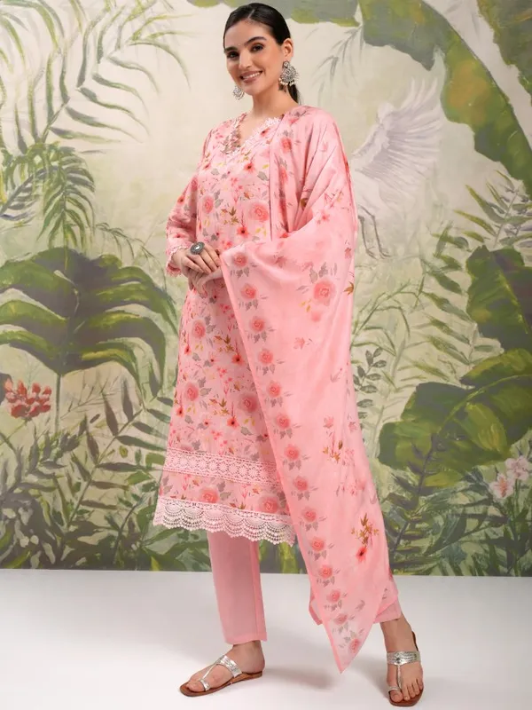 Vishudh Women Pink Printed Kurta With Trouser And Dupatta