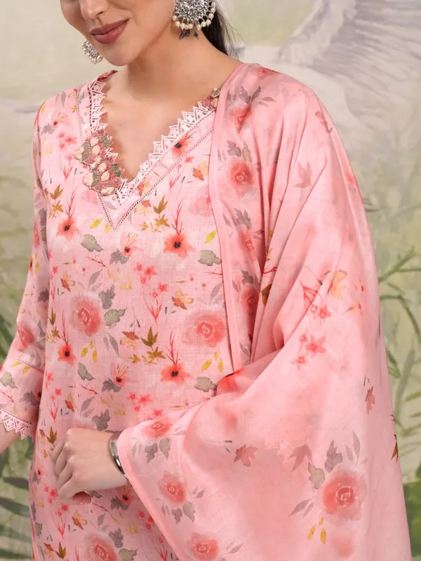 Vishudh Women Pink Printed Kurta With Trouser And Dupatta