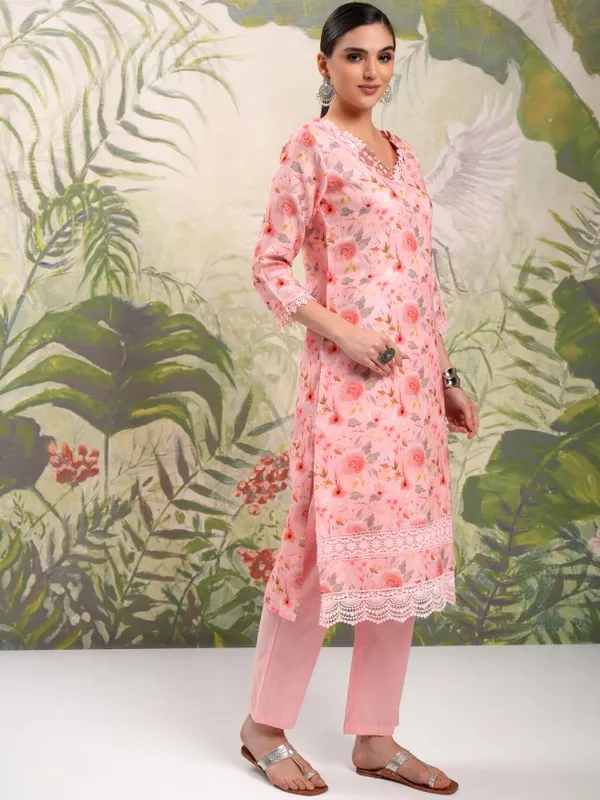 Vishudh Women Pink Printed Kurta With Trouser And Dupatta