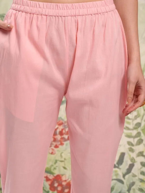 Vishudh Women Pink Printed Kurta With Trouser And Dupatta