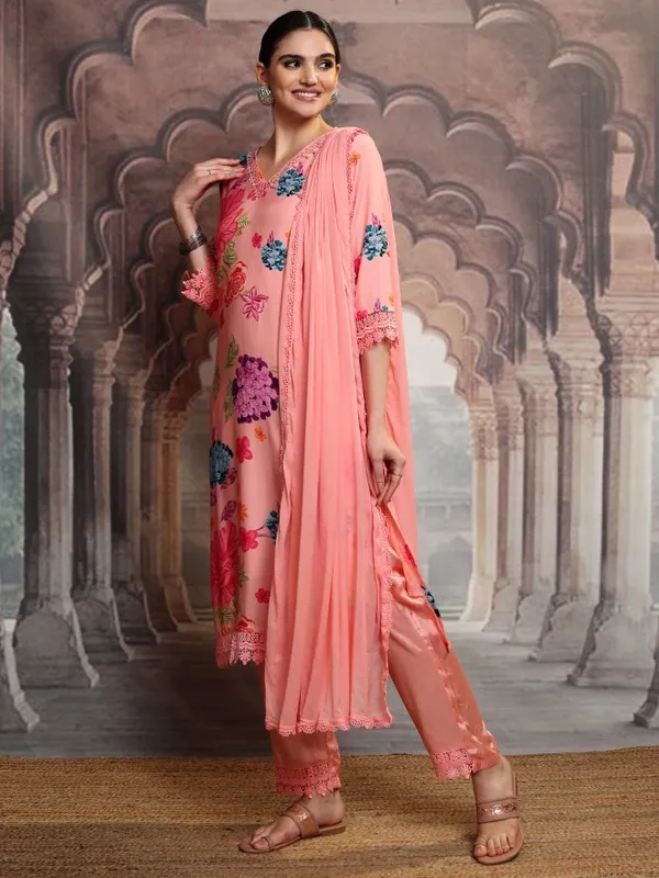 Vishudh Women Pink Women Kurta With Trousers And Dupatta