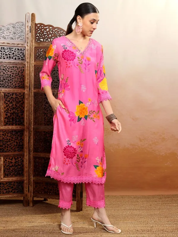 Vishudh Women Pink Printed Kurta With Trouser And Dupatta