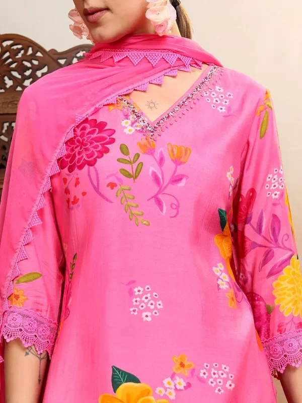 Vishudh Women Pink Printed Kurta With Trouser And Dupatta