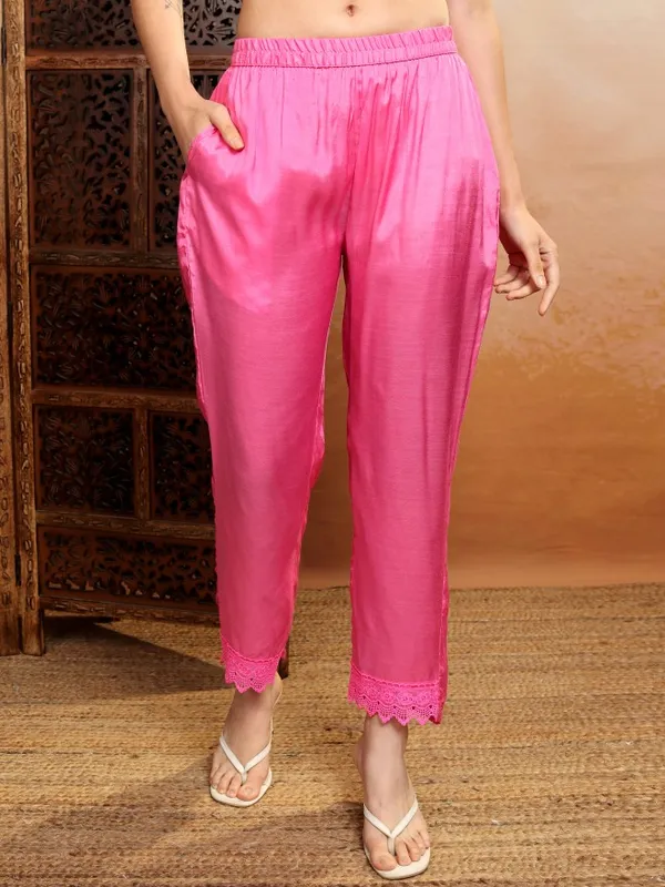 Vishudh Women Pink Printed Kurta With Trouser And Dupatta