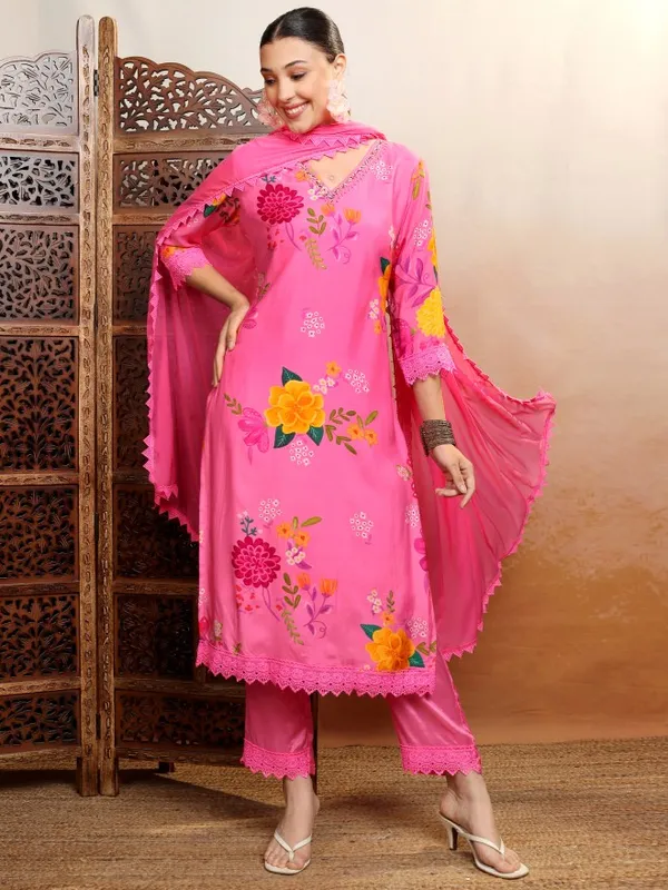 Vishudh Women Pink Printed Kurta With Trouser And Dupatta