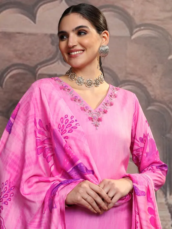 Vishudh Women Pink Embroidered Kurta With Trouser And Dupatta