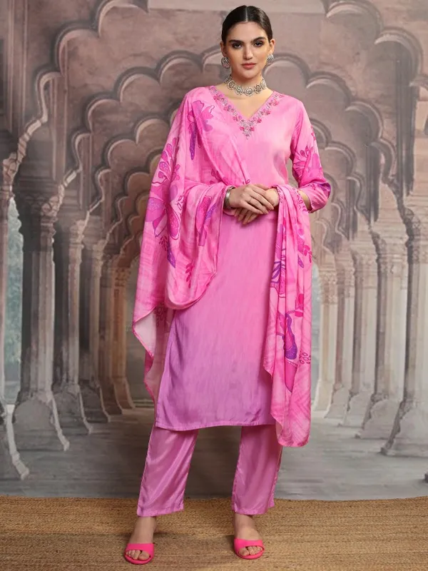 Vishudh Women Pink Embroidered Kurta With Trouser And Dupatta