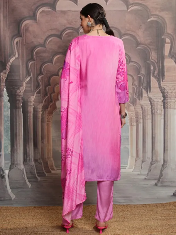 Vishudh Women Pink Embroidered Kurta With Trouser And Dupatta