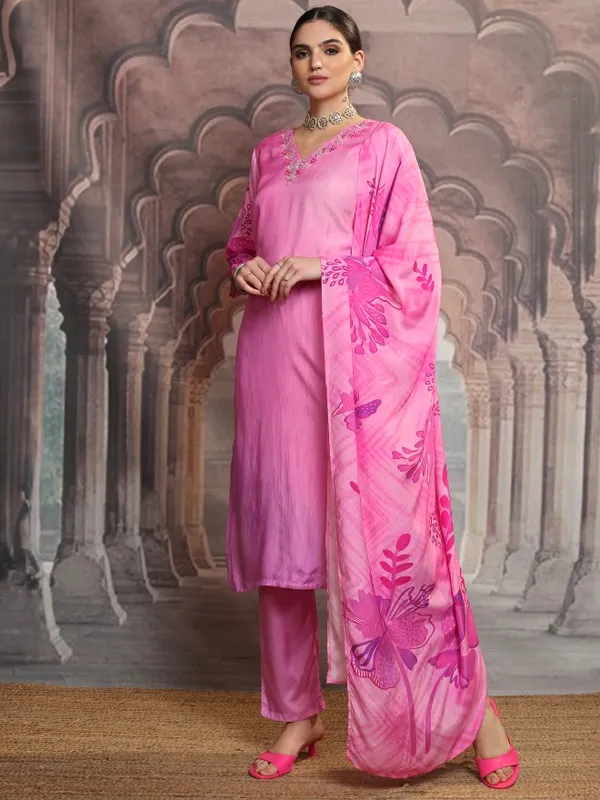 Vishudh Women Pink Embroidered Kurta With Trouser And Dupatta
