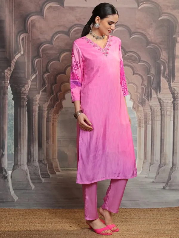 Vishudh Women Pink Embroidered Kurta With Trouser And Dupatta