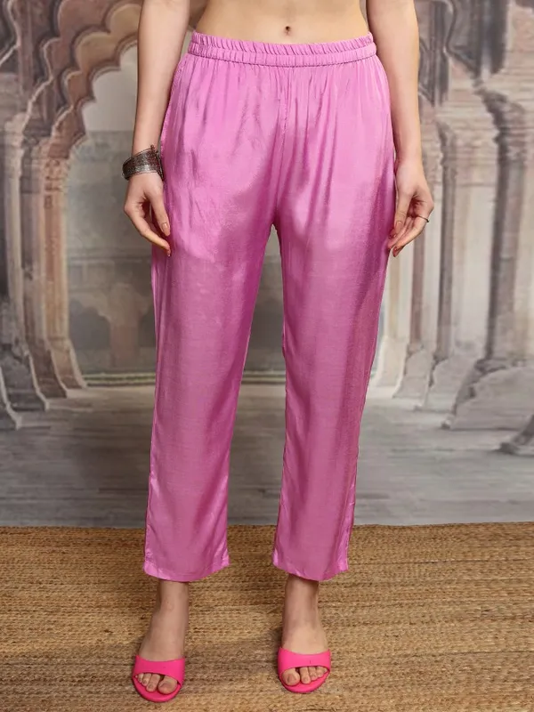 Vishudh Women Pink Embroidered Kurta With Trouser And Dupatta