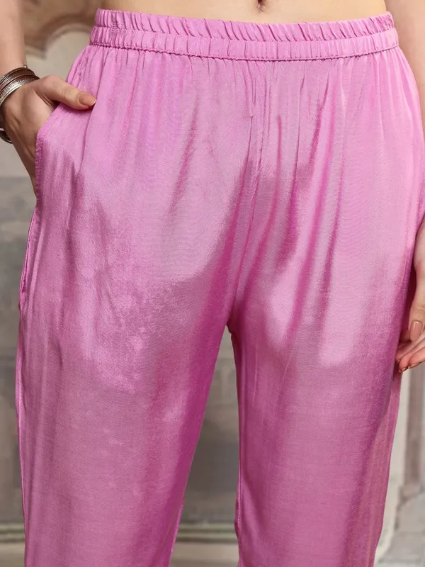 Vishudh Women Pink Embroidered Kurta With Trouser And Dupatta