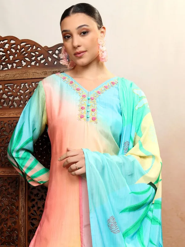 Vishudh Women Multi Embroidered Kurta With Trouser And Dupatta