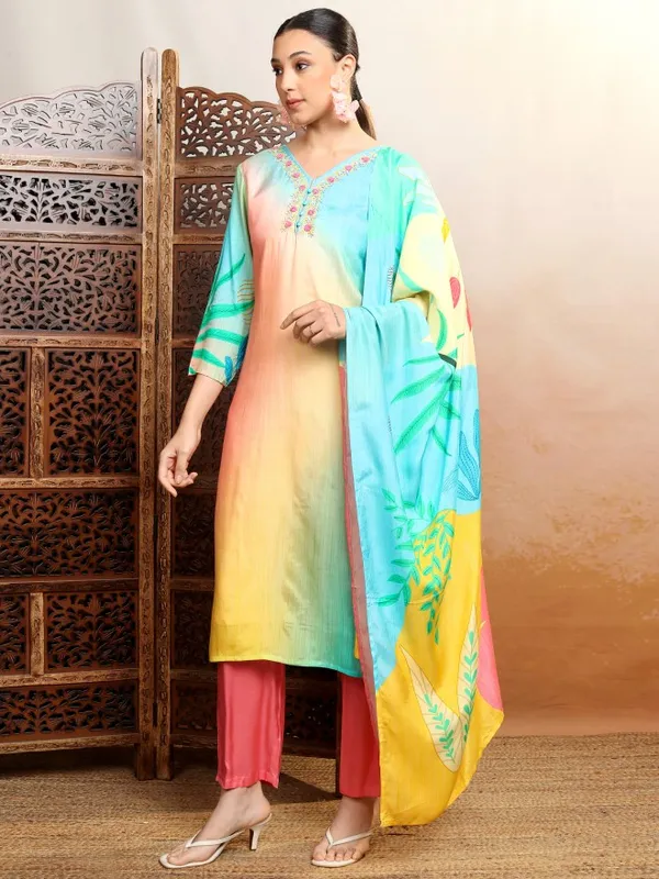 Vishudh Women Multi Embroidered Kurta With Trouser And Dupatta