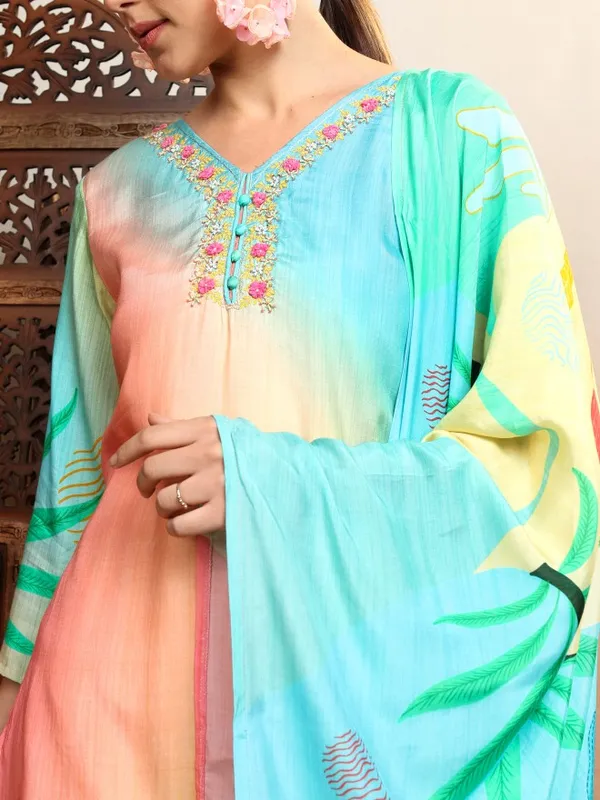 Vishudh Women Multi Embroidered Kurta With Trouser And Dupatta