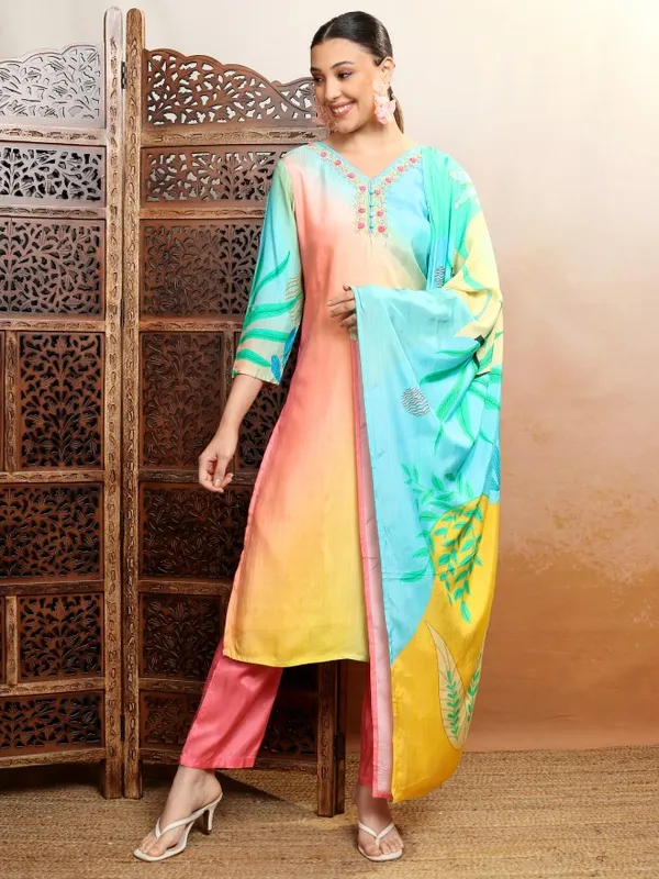 Vishudh Women Multi Embroidered Kurta With Trouser And Dupatta
